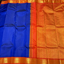 Deep MS Blue with Fanta Orange Handwoven Pure Jari Korvai Kanjivaram Silk Saree Beauty