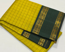 Sahana- Stunning Lemon Sampanga with Bottle Green Handwoven Pure 2g Jari Korvai Kanjivaram Silk with Checked body with rettapet double borders rich pallu and contrast woven blouse