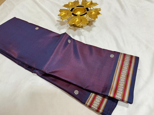 Dual tone brownish Purple Buttas with Pichwai Pallu Handwoven Pure Zariless Kanchipuram Silk Saree Beauty- unique color