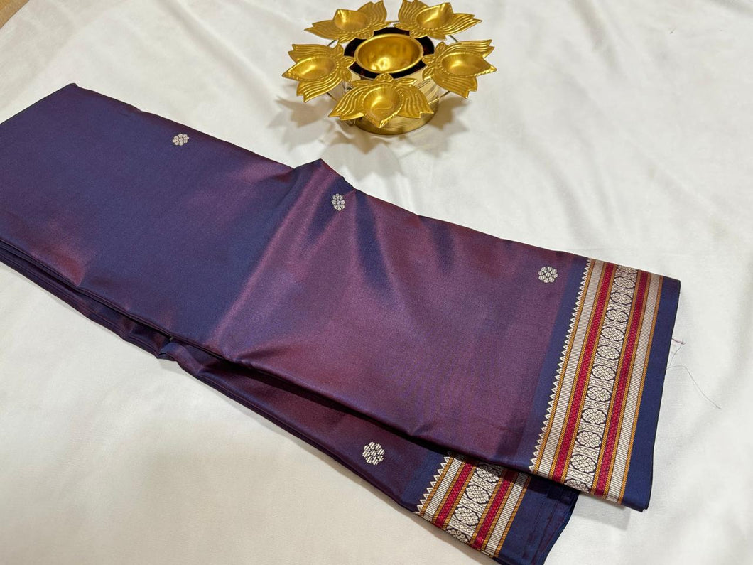 Dual tone brownish Purple Buttas with Pichwai Pallu Handwoven Pure Zariless Kanchipuram Silk Saree Beauty- unique color