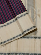 Saraswati- Gorgeous maroon and black striped handwoven pure premium zariless korvai kanjivaram silk with offwhite rudrakshas woven rettapet borders rich seer pallu and contrast woven blouse