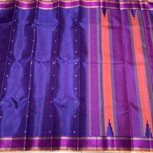Violetish blue with Pink Handwoven Pure Zariless Small Borders with Buttas Soft Kanchipuram Saree Beauty