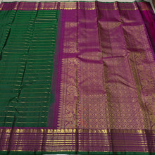 Sahana- Beautiful Deep Forest Green with Dark Magenta Handwoven Pure Jari Kanjivaram Silk with Jari Neliveldhari Striped body with rich borders pallu and contrast woven blouse