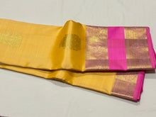 Soft Yellow with Candy Rose Pink Buttas with Long & Short Borders Handwoven Pure Jari Kanjivaram Silk Saree beauty
