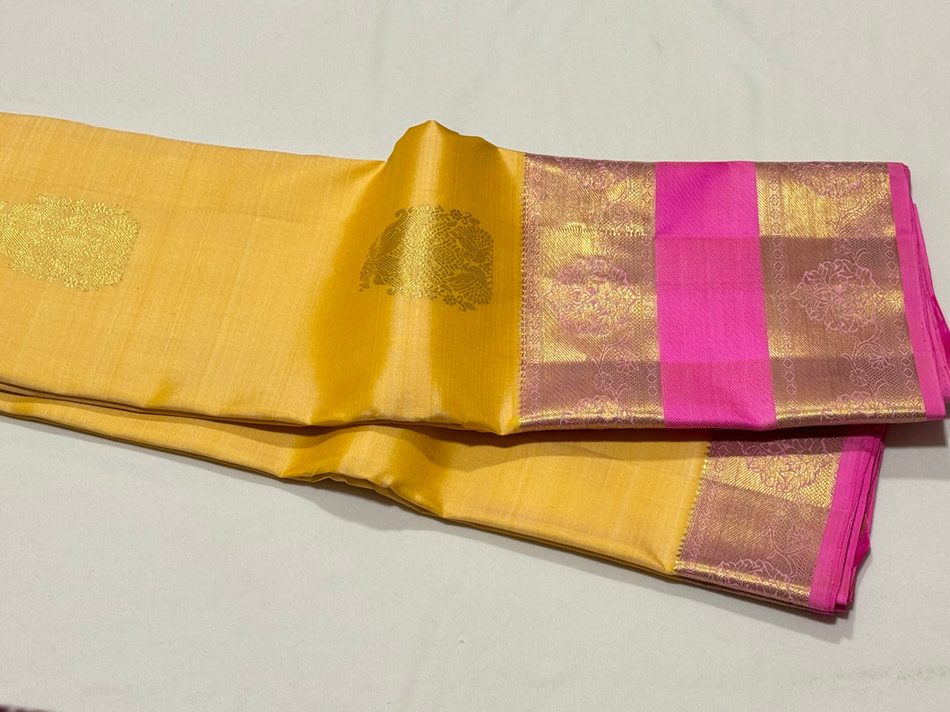 Soft Yellow with Candy Rose Pink Buttas with Long & Short Borders Handwoven Pure Jari Kanjivaram Silk Saree beauty
