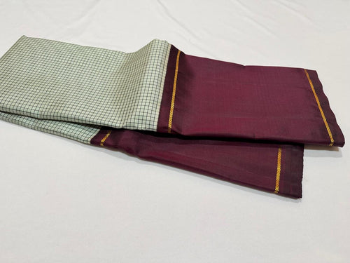 Pastel Blue Green Shade with Burgundy Brown Checks with Korvai Handwoven Pure Jari Kanjivaram Silk Saree with Long borders Mubbakam Style beauty