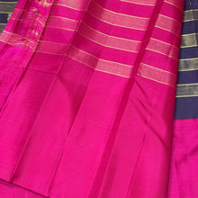 Vaibhogam- Stunning Deep Kanchana Blackish Purple with Yellow and Rani Pink Combination with Vairaoosi and middle thick strips where mayil chakram motifs are woven with beautiful broad ganga jamuna borders with rich pallu and contrast vairaoosi blouse
