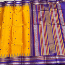 Yellow with Purple Buttas Handwoven Pure Zariless Korvai with temple borders Zariless Kanjivaram Silk Saree Beauty