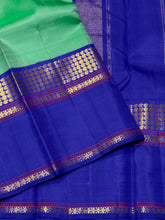 Sarasangi- Beautiful Pastel Green with Royal Blue Handwoven Pure Jari Korvai Kanjivaram Silk with beautiful borders rich seer pallu and contrast woven blouse
