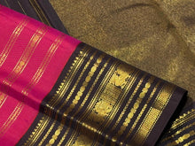 Vaibhogam- Stunning Tomato Reddish Pink with Coffee Brown Handwoven Pure Zari Korvai Kanjivaram Silk with Jari Beldhari Woven Beautiful Body with rich varisaipet borders gorgeous seer rich jari pallu and contrast veldhari striped blouse