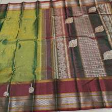 Premium Zariless Vintage Weave- Dual tone Moss Green with Deep Manthulir Handwoven Pure Kanjivaram Silk Saree with Hanging elephants paisleys in borders rich peacocks in shanku woven Pallu and contrast blouse beauty