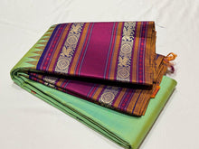 Pista Green with Navy Blue Buttas Korvai Handwoven Pure Zariless Kanjivaram Silk Saree Beauty with Long Borders