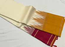 Saraswati- Offwhite with Ganga Jamuna Temple Bordered Handwoven Premium Zariless Korvai Kanjivaram Silk with Seer Mustard Pallu and contrast woven mustard blouse