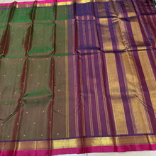 Sahana- Beautiful Double tone Manthulir Green with Purple Buttas Handwoven Pure Jari Kanjivaram Silk with beautiful double colored borders rich pallu and contrast woven blouse