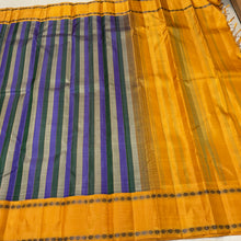 Saraswati- Gorgeous Lavendar Green and Grey with Golden Mustard Handwoven Premium Zariless Korvai Kanjivaram Silk with beautiful panel patterned body with rettapet rudrakshas woven borders rich seer pallu and contrast woven blouse