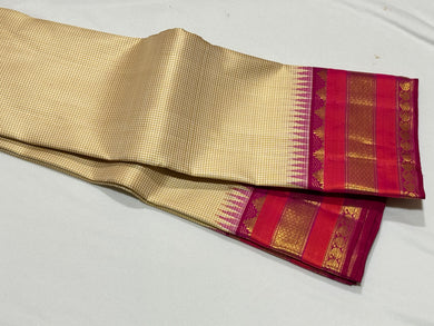 Offwhite with Muted checks tomato pink Handwoven Pure Jari Korvai Kanjivaram Silk Saree Beauty