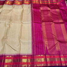 Offwhite with Muted checks tomato pink Handwoven Pure Jari Korvai Kanjivaram Silk Saree Beauty