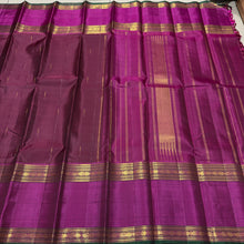 Sahana- Gorgeous Coffee Brown with Dark Magenta Handwoven Pure 2g Jari Kanjivaram Silk with Mallimoggu buttas woven body with beautiful rettapet borders with green selvedges rich seer pallu and contrast woven blouse