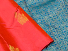 Bright Peach with Peacock Blue Green Muthukattam with Peacock Chariot Motifs Borderless Handwoven Pure Jari Kanjivaram Silk Saree Beauty