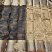 Black with Greyish Beige Handwoven Pure Kanjivaram Silk Saree with Muthukattam checked body with Gandaberunda Buttas woven borders rich pallu and contrast woven blouse