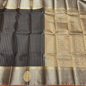 Black with Greyish Beige Handwoven Pure Kanjivaram Silk Saree with Muthukattam checked body with Gandaberunda Buttas woven borders rich pallu and contrast woven blouse