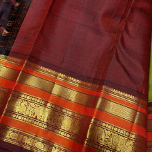 Vaibhogam- Gorgeous Olive Green with Deep Maroonish Brown Handwoven Pure Jari Korvai Kanjivaram Silk with beautiful Varisaipet borders rich pallu and contrast woven blouse