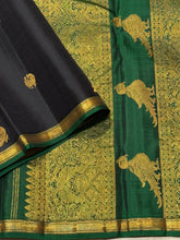 Saranga- Gorgeous Black with Dark Emerald Green Small Borders with Bird Buttas Kalakshetra Kili Pallu and Contrast Zari Striped Blouse Handwoven Pure Kanjivaram Silk Saree