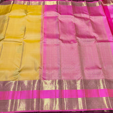 Soft Yellow with Candy Rose Pink Buttas with Long & Short Borders Handwoven Pure Jari Kanjivaram Silk Saree beauty