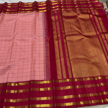 Vaibhogam- Beautiful Peach with Arakku Red Handwoven Pure Jari Korvai Checked Kanjivaram Silk with beautiful tetrapet borders rich and classic pallu and contrast woven beautiful blouse