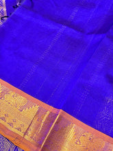 Mustard beauty with Blue Selfcontrast Handwoven Pure Kanjivaram Silkcotton Saree with Handblock Pichwai Prints Beauty