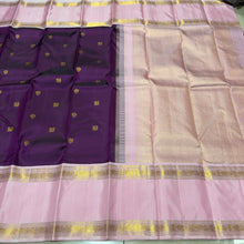 Vaibhogam- Stunning Deep Magenta Purple with Baby Pink Handwoven Pure Jari Korvai Kanjivaram Silk with beautiful buttas woven body with beautiful doublepet borders rich pallu and contrast woven blouse