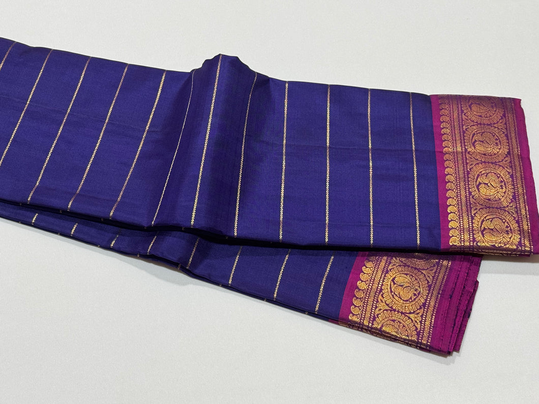 Deep Blue with Dark Magenta Jari Veldhari Handwoven Pure Kanjivaram Silk Saree with beautiful borders rich pallu and contrast woven blouse