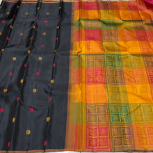 Saranga- Beautiful Black with Multichecks Handwoven Pure 2g Jari Kanjivaram Silk with silk thread buttas woven body with small jari borders rich bomkai pallu and contrast palum pazhamum checked blouse