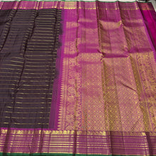 Sahana- Gorgeous Coffee Brown with Dark Magenta Handwoven Pure Jari Kanjivaram Silk with Jari Veldhari woven beautiful body with very beautiful borders with green selvedges rich pallu and contrast woven blouse