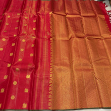Saranga- Stunning Red with Gold Handwoven Pure Jari borderless vairaoosi with mayil chakram buttas woven Kanjivaram Silk with beautiful green selvedges rich pallu and self colored blouse