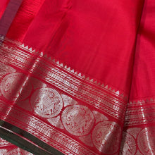 Red with Silver Jari Handwoven Pure Kanjivaram Silk Saree with Green Selvedges with Deer motifs woven all over the body with rich borders pallu and self colored blouse