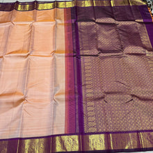Sarasangi- Gorgeous Sandal with Deep Purple Handwoven Pure Jari Korvai Kanjivaram Silk with beautiful yazhis and annapakshis woven borders rich pallu and contrast woven blouse