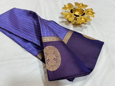 Lavenderish Blue with Navy Blue with Muthukattam Checks and Iruthalaipakshi border buttas Handwoven Pure Kanjivaram Silk Saree Beauty