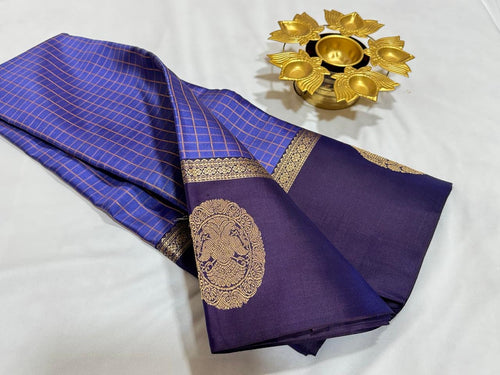 Lavenderish Blue with Navy Blue with Muthukattam Checks and Iruthalaipakshi border buttas Handwoven Pure Kanjivaram Silk Saree Beauty