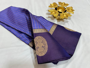 Lavenderish Blue with Navy Blue with Muthukattam Checks and Iruthalaipakshi border buttas Handwoven Pure Kanjivaram Silk Saree Beauty