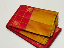 Red with Golden Sampanga Checks with 1000 buttas style woven Handwoven Kanjivaram Silk Saree with classy plain borders rich pallu and contrast woven blouse beauty