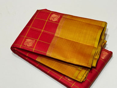 Red with Golden Sampanga Checks with 1000 buttas style woven Handwoven Kanjivaram Silk Saree with classy plain borders rich pallu and contrast woven blouse beauty