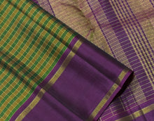 Sahana- Gorgeous Green and Mustard Handwoven Pure Jari Kanjivaram with multichecks kottadi Jari Podikattam with beautiful borders rich pallu and contrast woven wine blouse