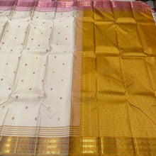 Sahana- Gorgeous Creamish White with Ganga Jamuna Pink and Mustard Rudrakshas woven beautiful borders rich golden mustard pallu and contrast golden mustard blouse