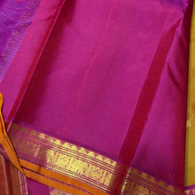 Sahana- Gorgeous Golden Double tone Sampanga mustard shot green tint with Purplish Pink Buttas Handwoven Pure Jari Kanjivaram Silk with Small intricate borders with orange selvedges rich pallu and contrast woven blouse