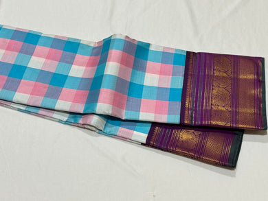 Vintage colors- Palum Pazhamum Checks with Deep Aubergine Purple Korvai Rich Borders Pallu and Blouse Beauty