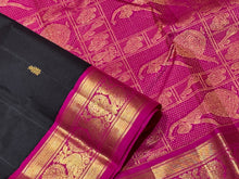 Strikingly Beautiful Black with Ganga Jamuna Borders Handwoven Pure Jari Korvai with Buttas Kanjivaram Silk Saree with intricately woven beautiful borders gorgeous dancing women woven pallu and contrast woven blouse