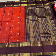 Gorgeous Rustic Orange with Coffee Brown Buttas Handwoven Pure Jari Kanjivaram Silk Saree with Beautiful Neliveldharis and Rudrakshas Woven Rettapet borders rich pallu and contrast woven blouse