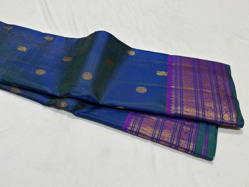 Peacock Blue with Purple Vairaoosi with Buttas Handwoven Pure Jari Kanjivaram Silk Saree Beauty