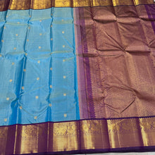 Light Ananda Blue with Deep Purple Buttas Vairaoosi Korvai Handwoven Pure Jari Kanjivaram Silk Saree Beauty